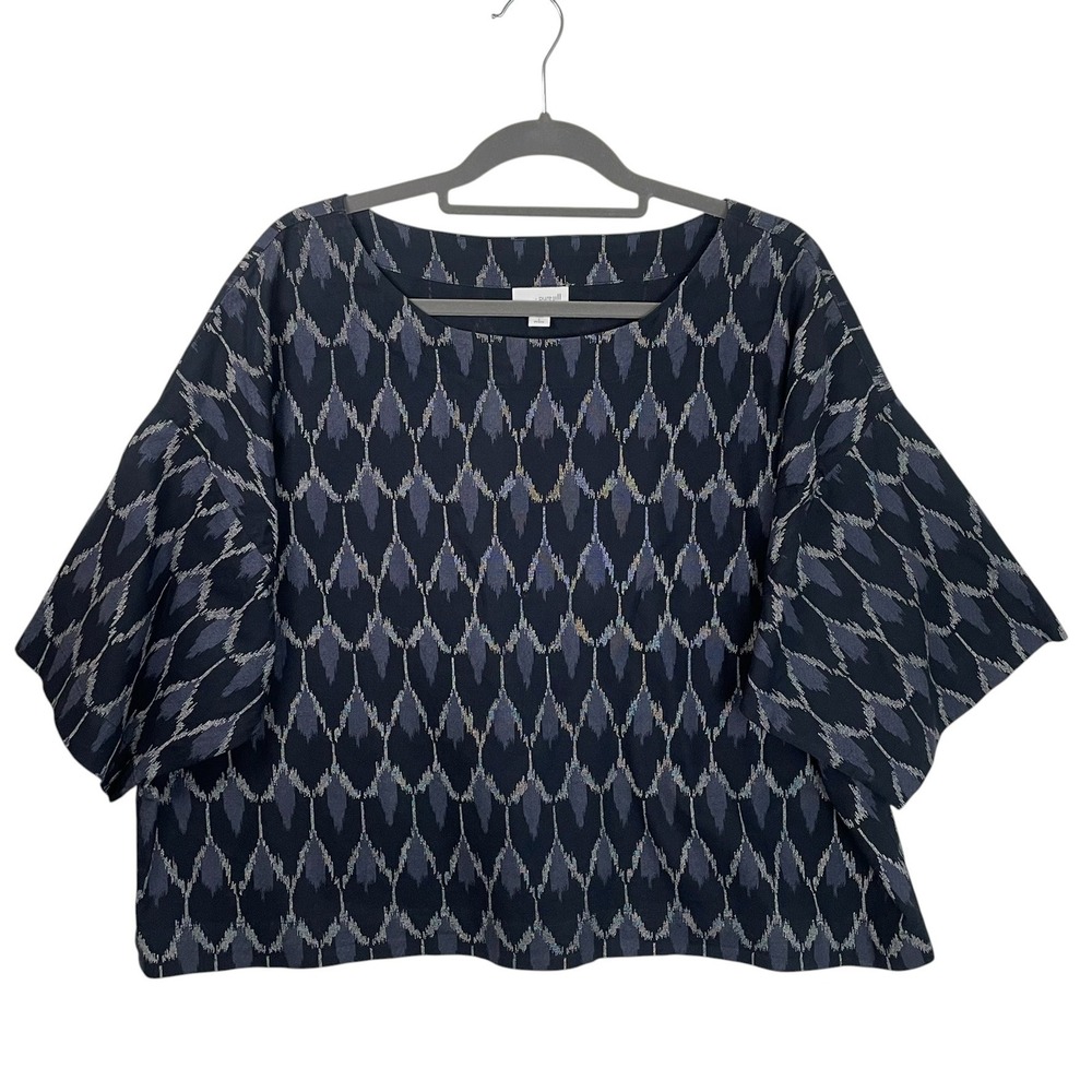 Pure Jill Large Petite Navy Blue Ikat Print‎ Cotton Boxy Top Elbow Sleeve
